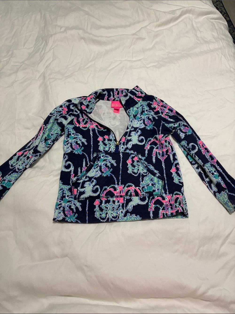 Lilly Pulitzer Navy Pullover Top with Pink & Aqua Print